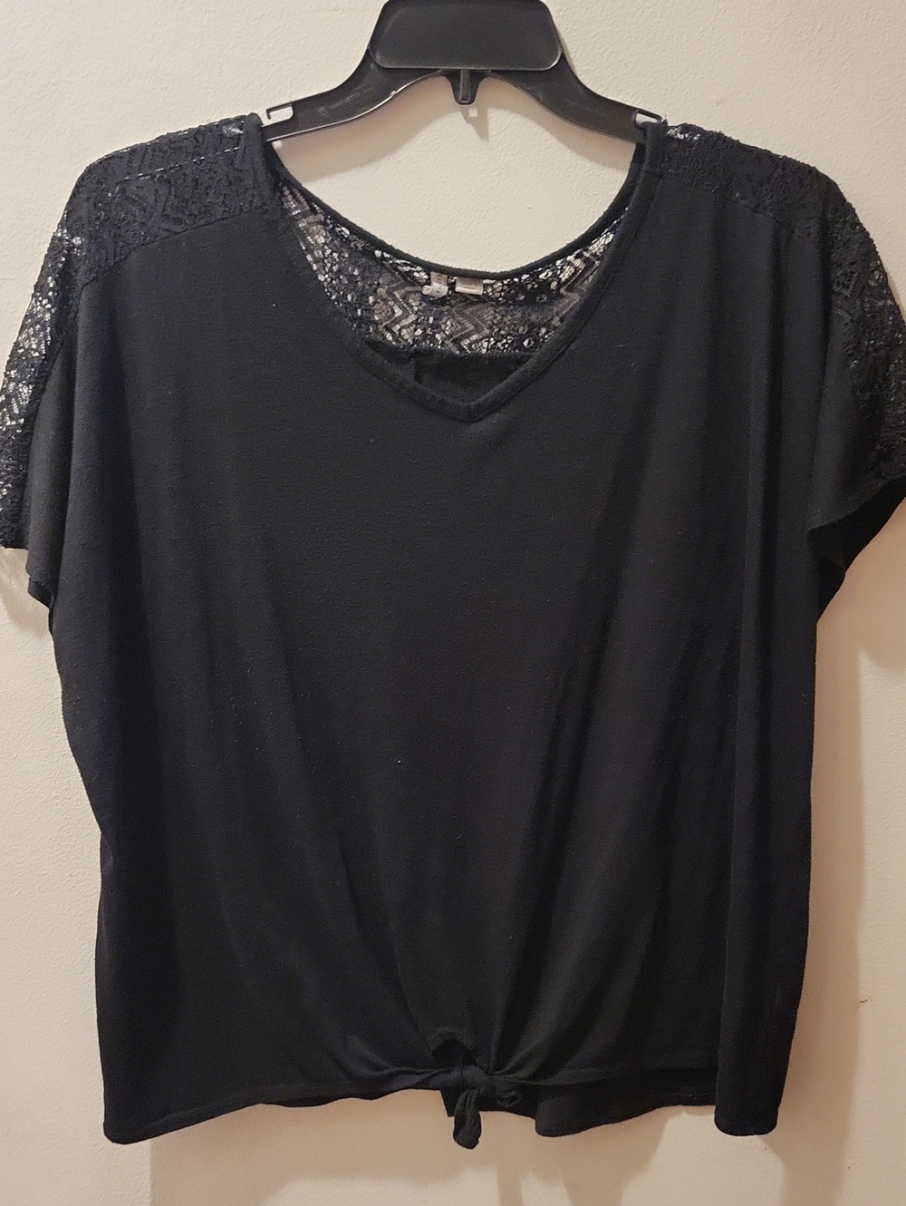 Black Lace-Shoulder Tie-Front Women's Top